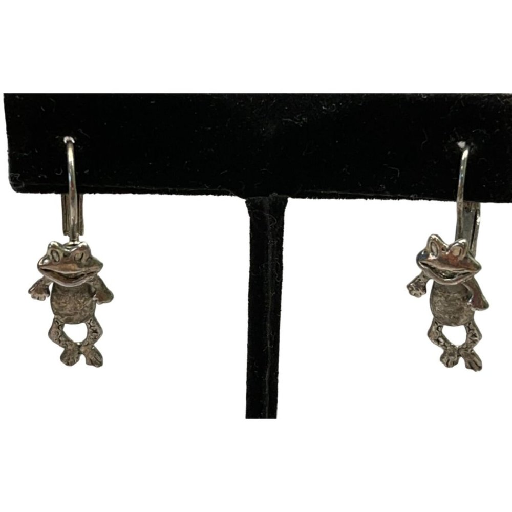 Vintage Silver Tone Frog Earrings Movable Small 1" Long